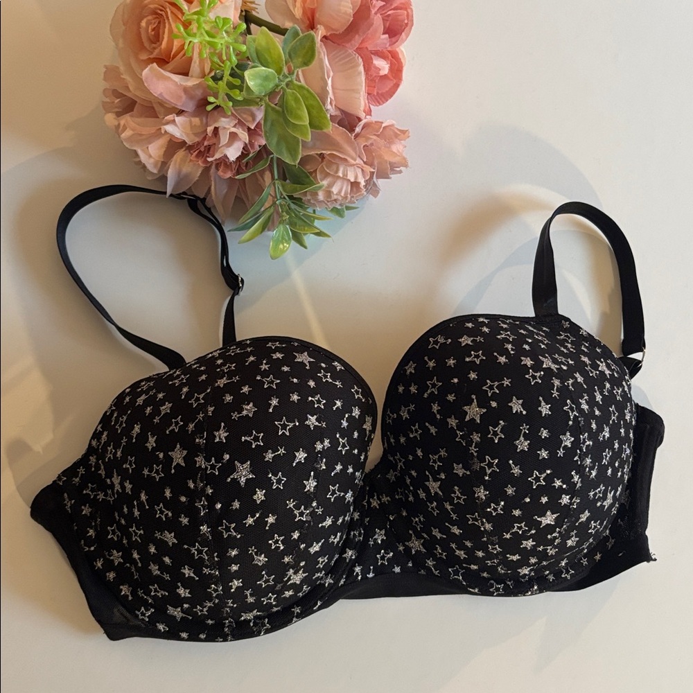 Victoria Secret Bra 38D Lined Demi Black Silver Metallic Stars Dream Angels